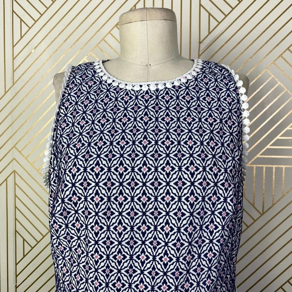 Anthropologie Monique Lhuillier Meagan Dress Geometric Navy Blue White Size 12 - Picture 4 of 12